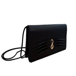 Vintage 60s Black Satin Pleated Purse Clutch Gold Tone Rhinestone Infinity Clasp